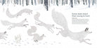 Illustration of foxes in a snowy forest with text about teaching young foxes to hunt.