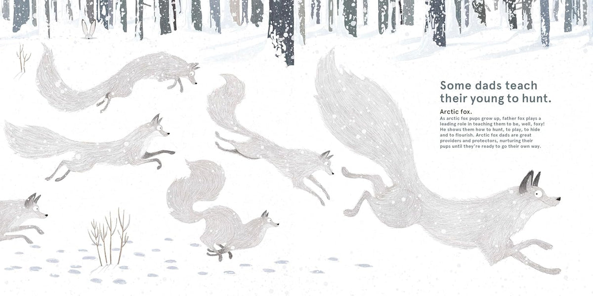 Illustration of foxes in a snowy forest with text about teaching young foxes to hunt.