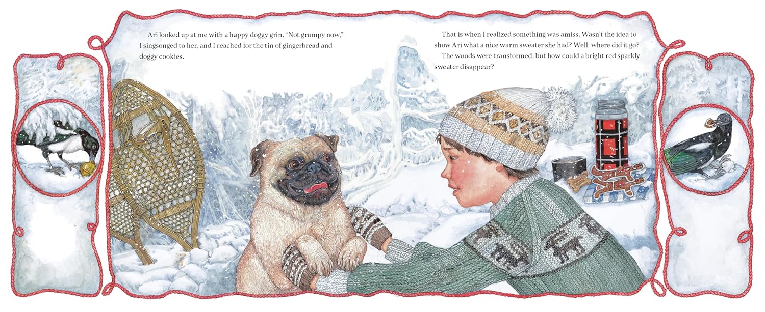 Illustration of a person and dog in a snowy scene with winter activities depicted.