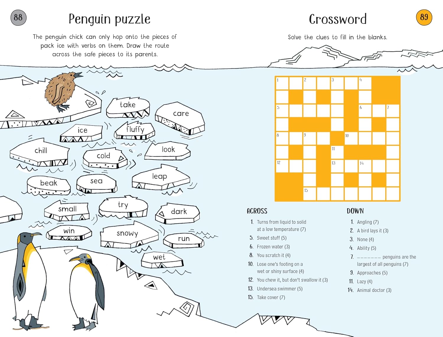 A children's activity page titled 'Penguin puzzle' with a penguin illustration, a word puzzle, and a crossword grid on a light blue background.