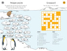 A children's activity page titled 'Penguin puzzle' with a penguin illustration, a word puzzle, and a crossword grid on a light blue background.
