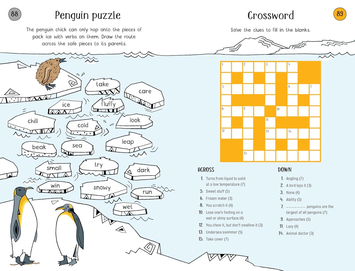 A children's activity page titled 'Penguin puzzle' with a penguin illustration, a word puzzle, and a crossword grid on a light blue background.