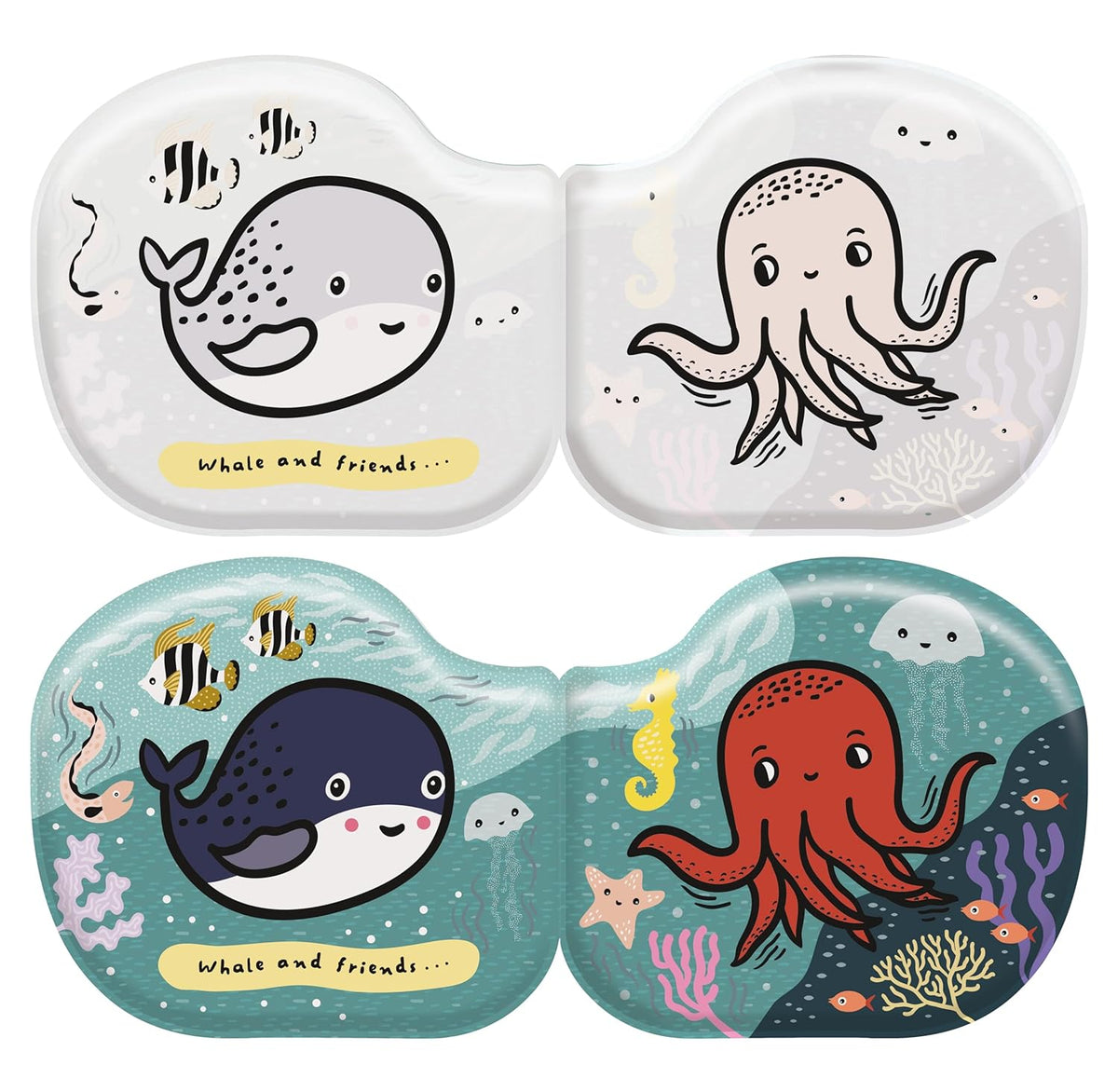 Two small containers with whale and octopus illustrations on a white background