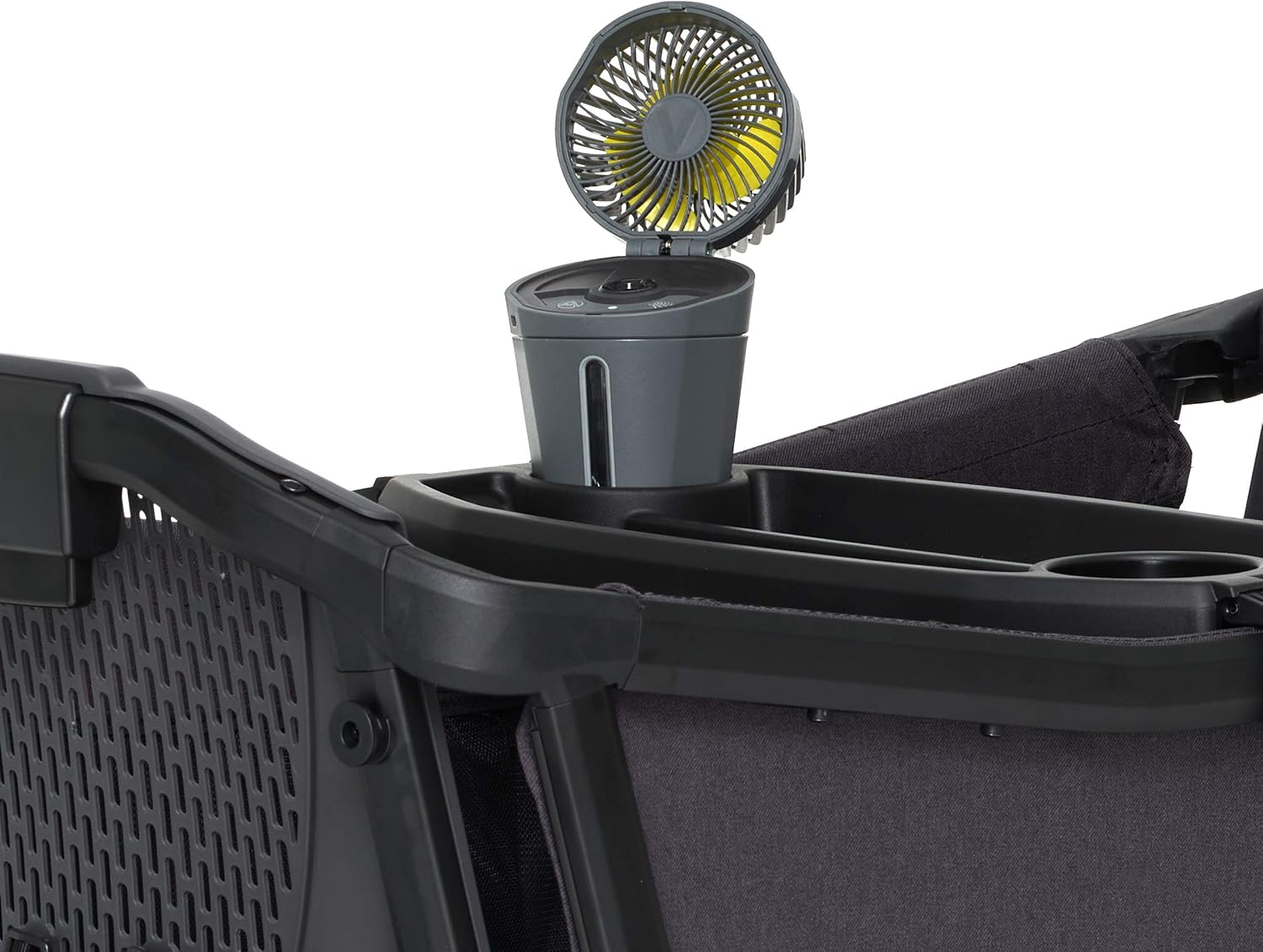 Black outdoor chair with cup holder and fan on a white background
