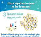 Game board and cards for a collaborative treasure hunt game, with text instructions on how to play and small illustrations of game pieces and cards on a white background with a teal header.