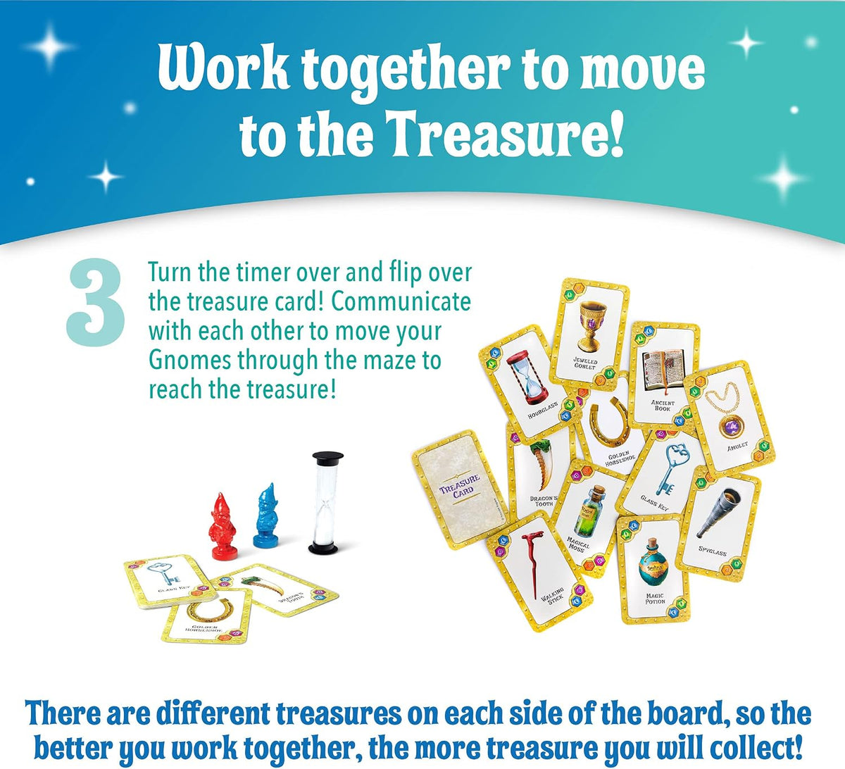 Game board and cards for a collaborative treasure hunt game, with text instructions on how to play and small illustrations of game pieces and cards on a white background with a teal header.