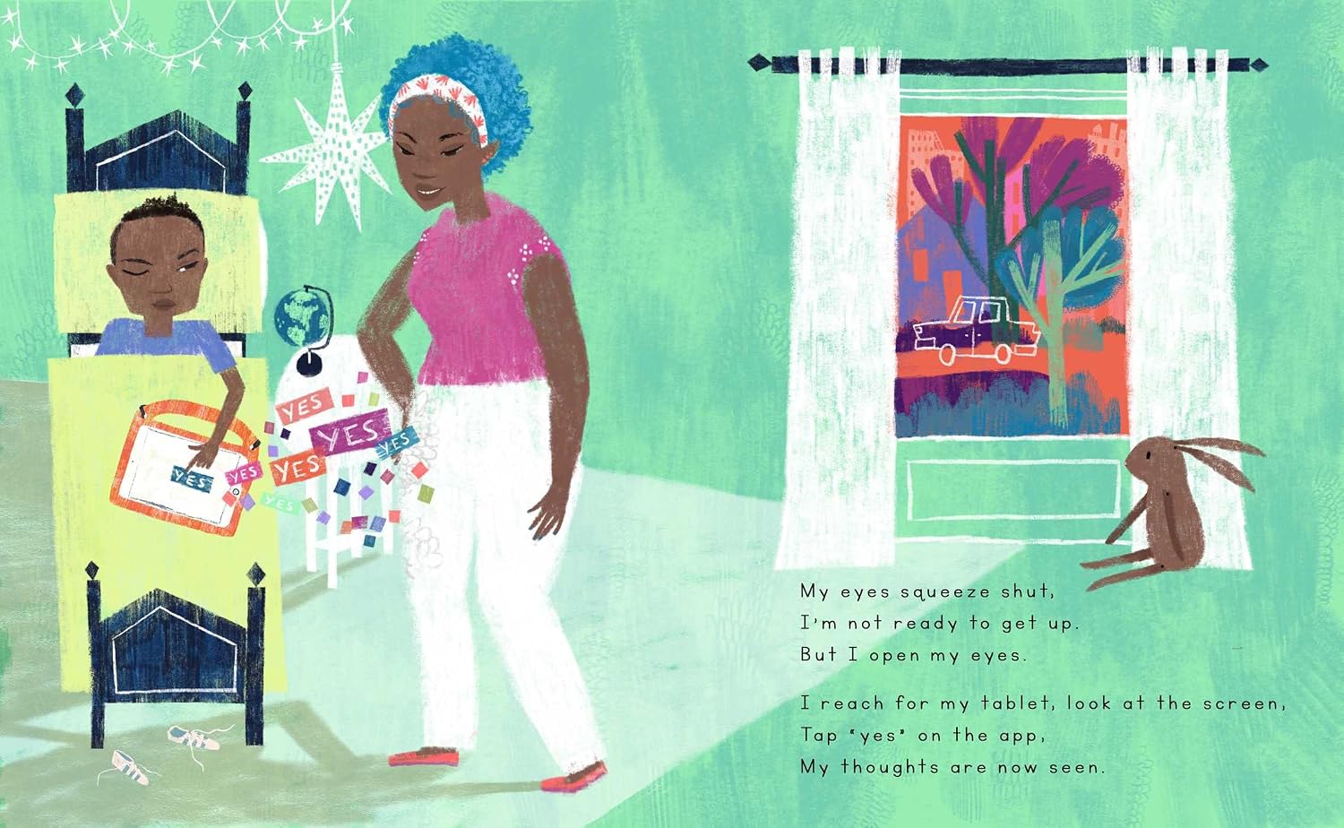Illustration of a child and an adult in a bedroom with colorful elements and text.