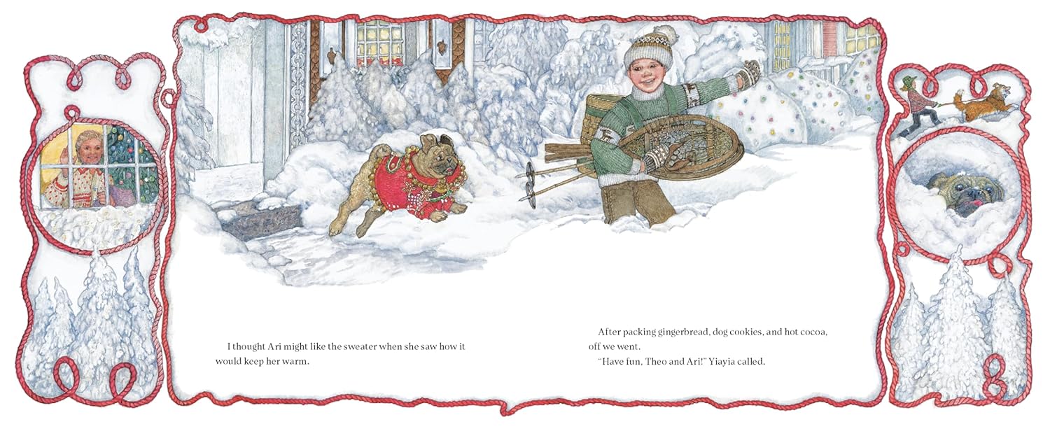 Illustration of a child playing in the snow with a dog, framed by decorative elements.