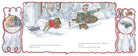 Illustration of a child playing in the snow with a dog, framed by decorative elements.