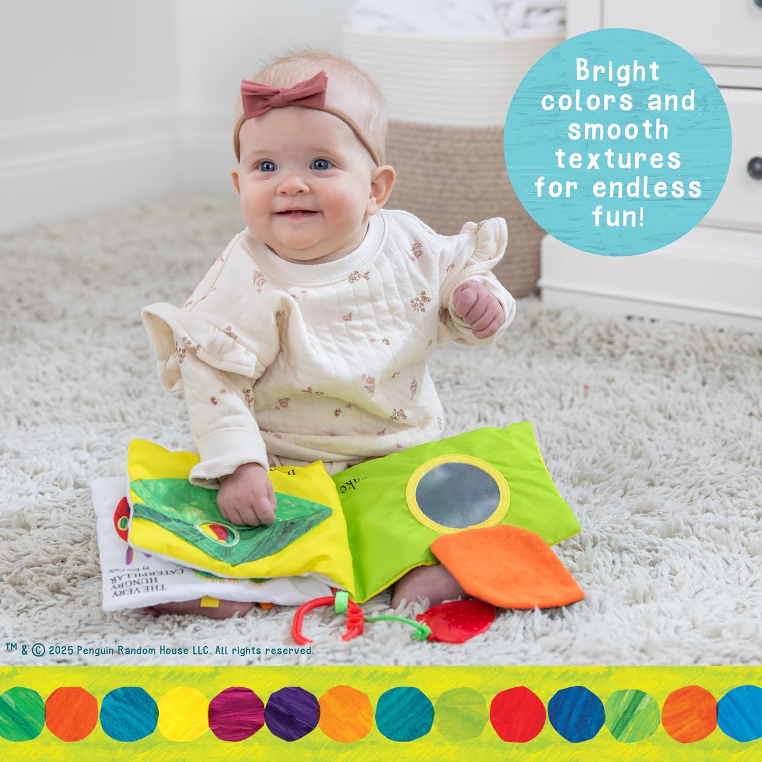 Baby sitting on a carpet with a colorful book and toy, surrounded by bright colors and smooth textures.