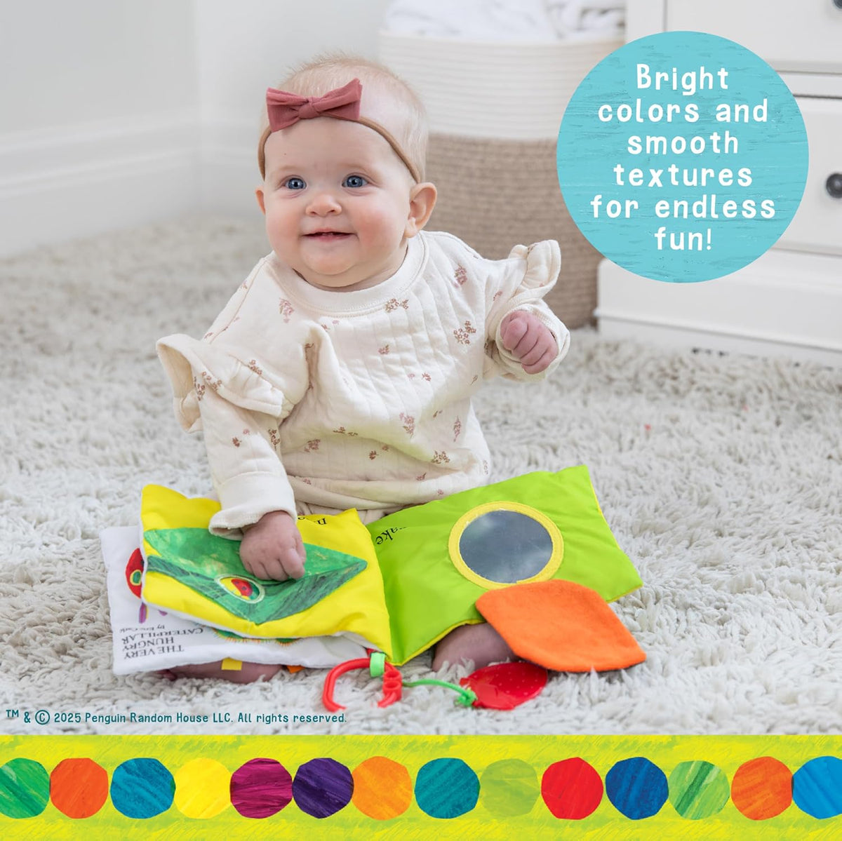 Baby sitting on a carpet with a colorful book and toy, surrounded by bright colors and smooth textures.