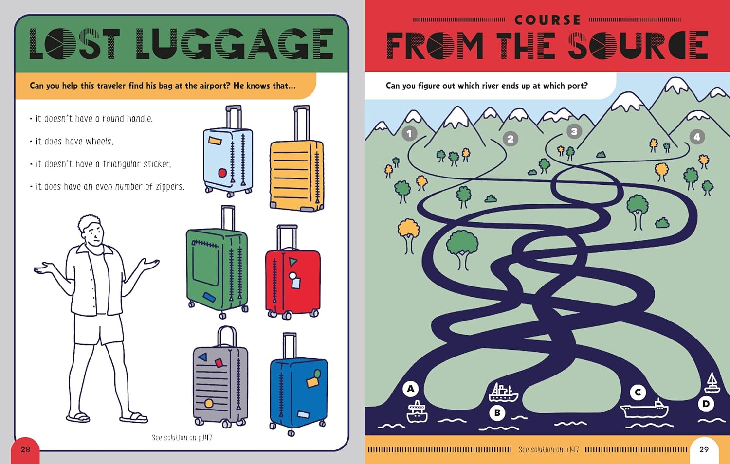 Two illustration pages from a book: one with suitcases and another with a maze, on a red and green background.