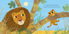 Illustration of a lion and a cub in a tree with a blue sky background.