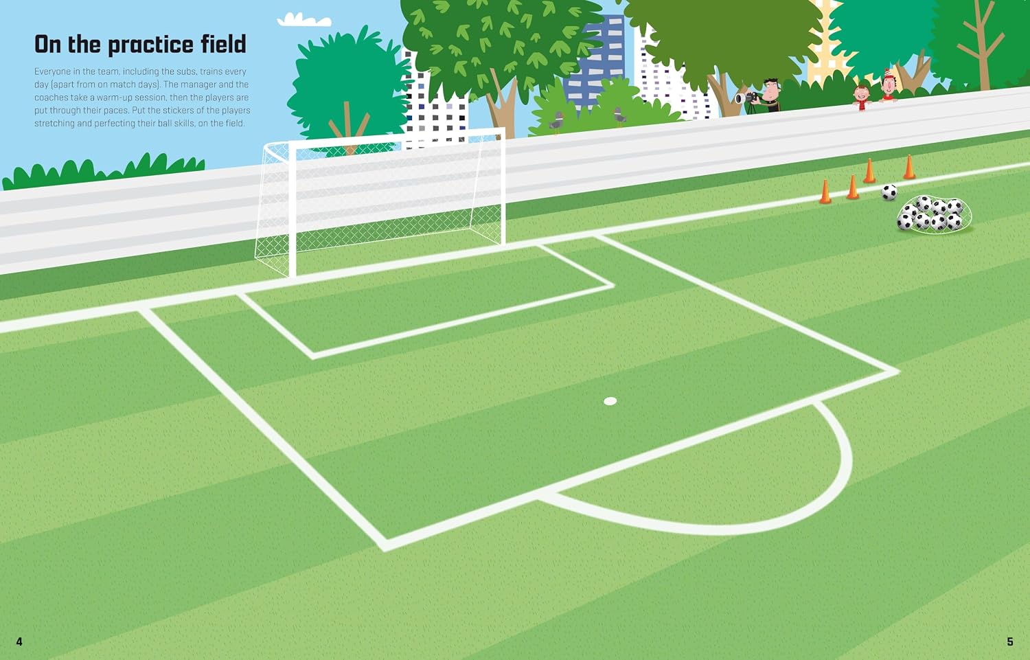 Illustration of a soccer field with a fence, trees, and buildings in the background.