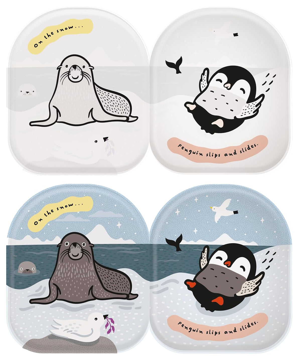Four animal-themed containers with seals and penguins on a white background