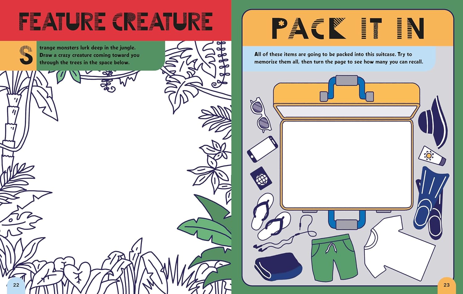 Children's activity book page with jungle-themed drawing prompt and packing list.