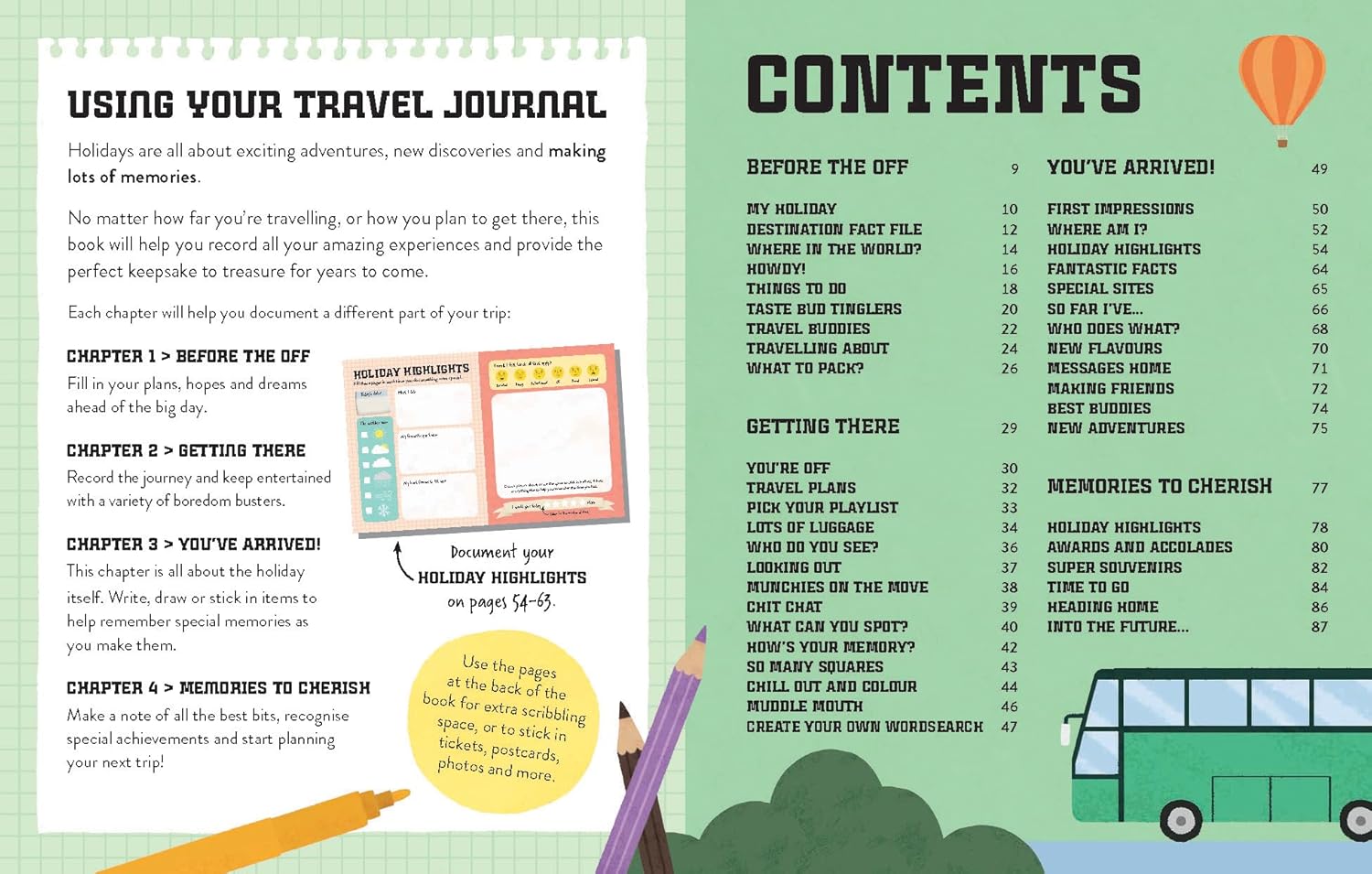 Table of contents for a travel journal with colorful illustrations and text.