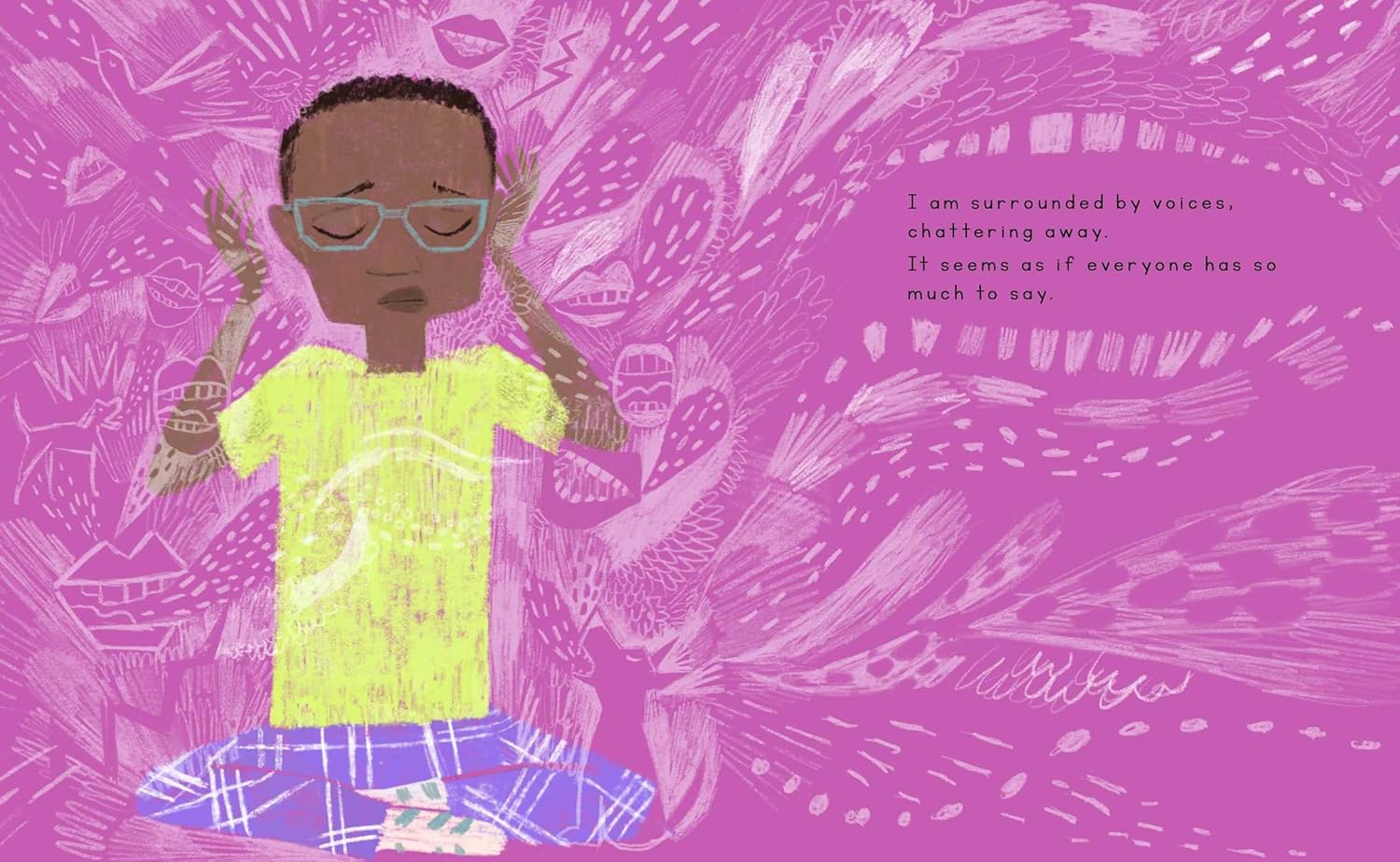 Illustration of a child meditating on a pink background with text.
