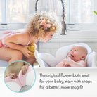 Child interacting with a baby in a bath seat, with text about the product's features.