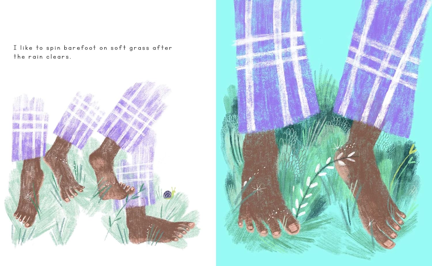 Illustration of bare feet in checkered pants standing on grass with text about enjoying being barefoot after rain.