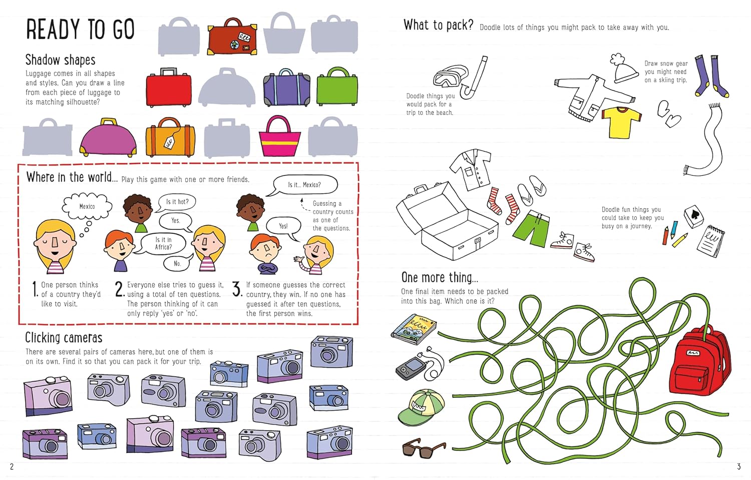 Educational page from a book with shapes, packing items, and a maze.