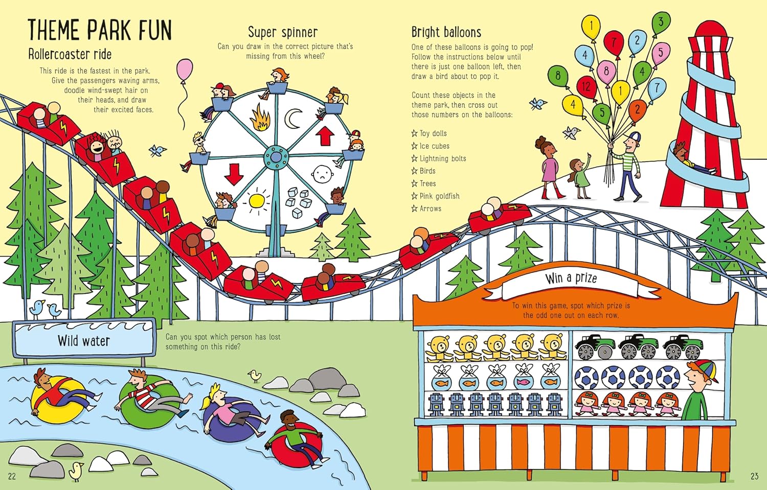 Illustration of a theme park with roller coaster, balloons, and games.