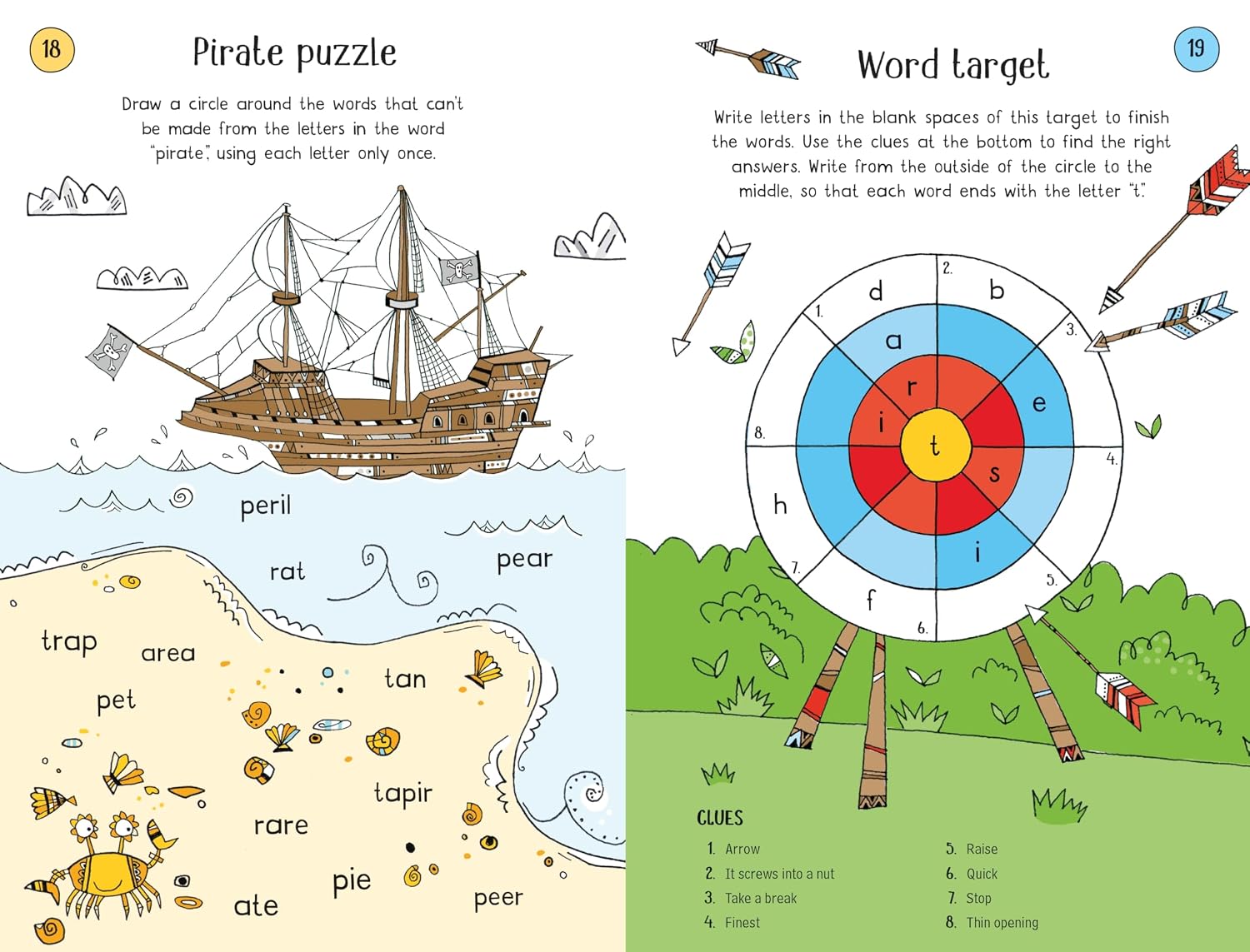 A children's activity book spread showing two pages: the left page is titled 'Pirate puzzle' with a pirate ship, sea, and beach-themed word clues; the right page is titled 'Word target' with a circular target, arrows, and a clues section.