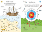 A children's activity book spread showing two pages: the left page is titled 'Pirate puzzle' with a pirate ship, sea, and beach-themed word clues; the right page is titled 'Word target' with a circular target, arrows, and a clues section.