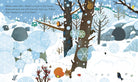 Illustration of a snowy forest scene with animals and footprints, text at the top.