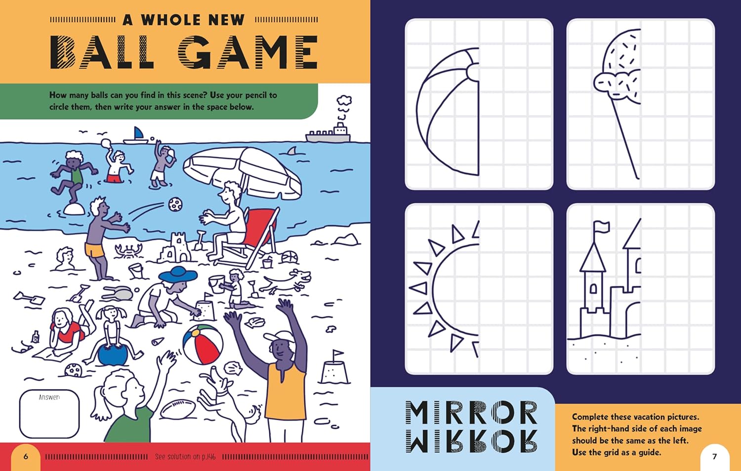 Children's activity book with beach scene and drawing prompts on a blue background