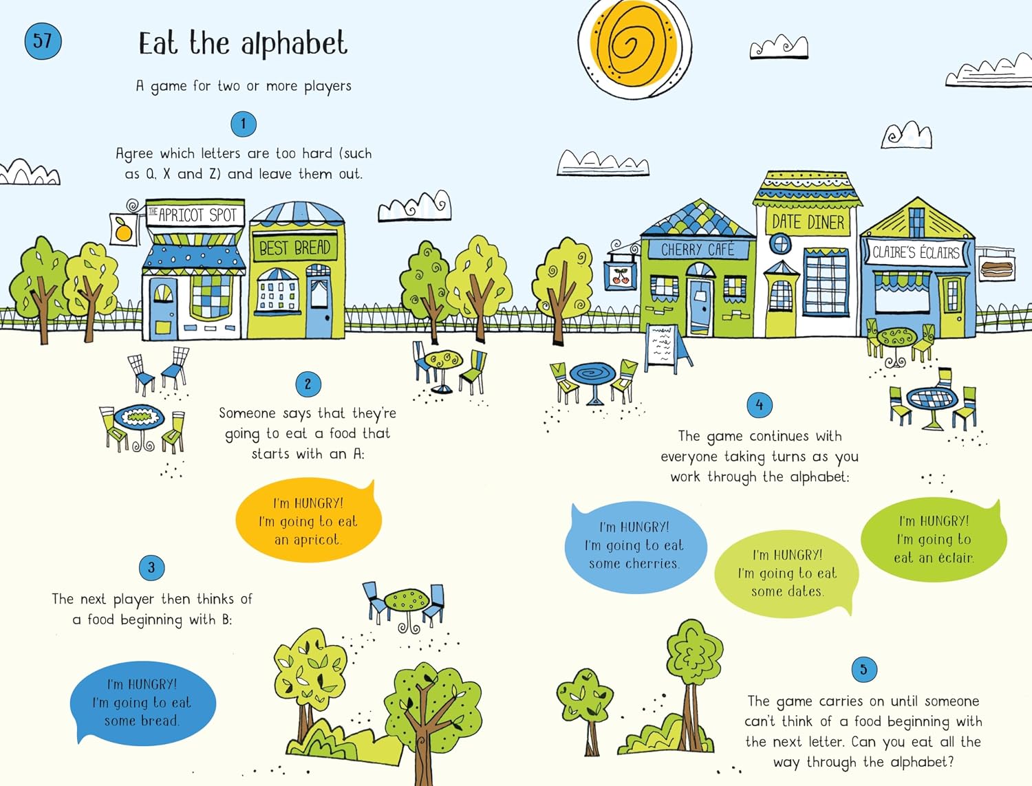 A colorful illustrated children's activity sheet titled 'Eat the alphabet' with playful text, letters, and cartoon storefronts, trees, chairs, and sun on a pale blue background.