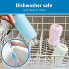 Dishwasher safe bottle with cleaning brush in a dishwasher, highlighting ease of cleaning.