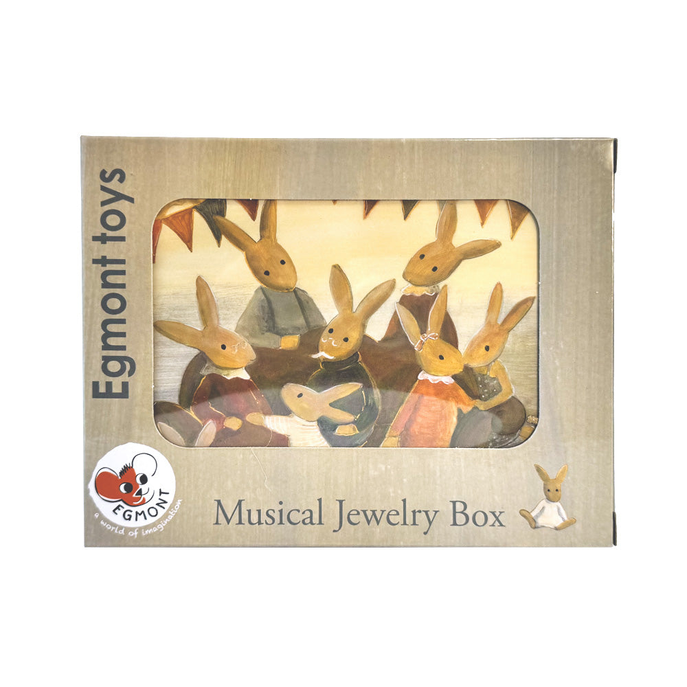 Egmont Toys Musical Jewelry Box in its original packaging, featuring a windowed box with a painted illustration of rabbits in clothing and the Egmont Toys branding.