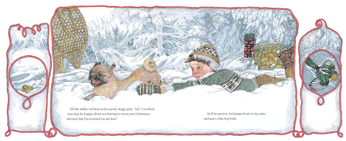 Illustration of a child playing in the snow with dogs, surrounded by winter elements.
