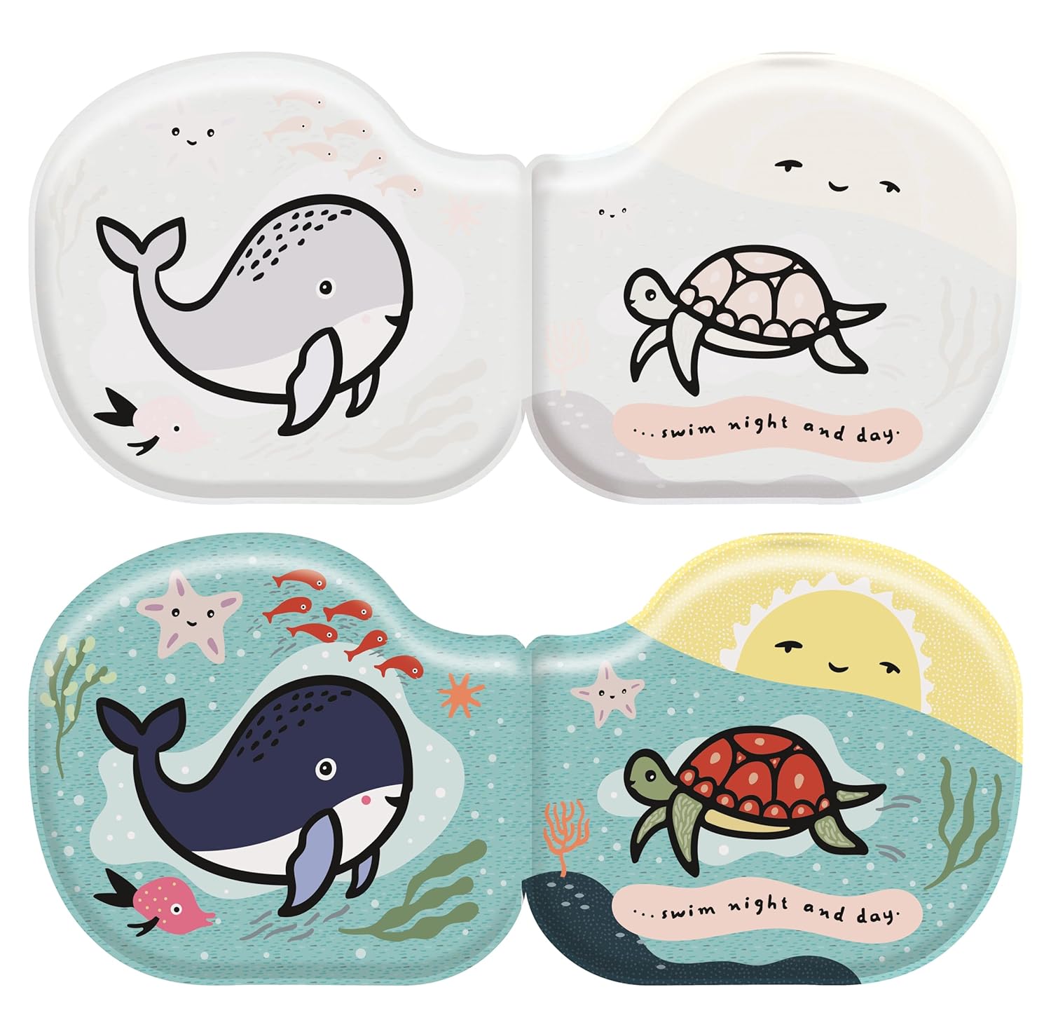 Two contact lens cases with whale and turtle designs on a white background