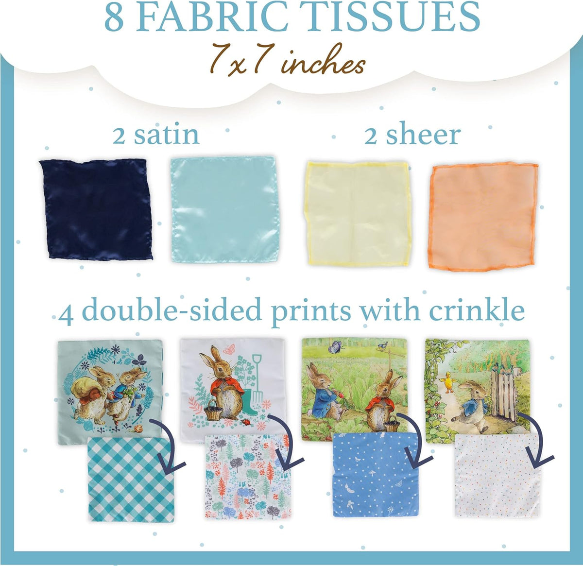 Fabric tissues with different patterns and textures on a white background