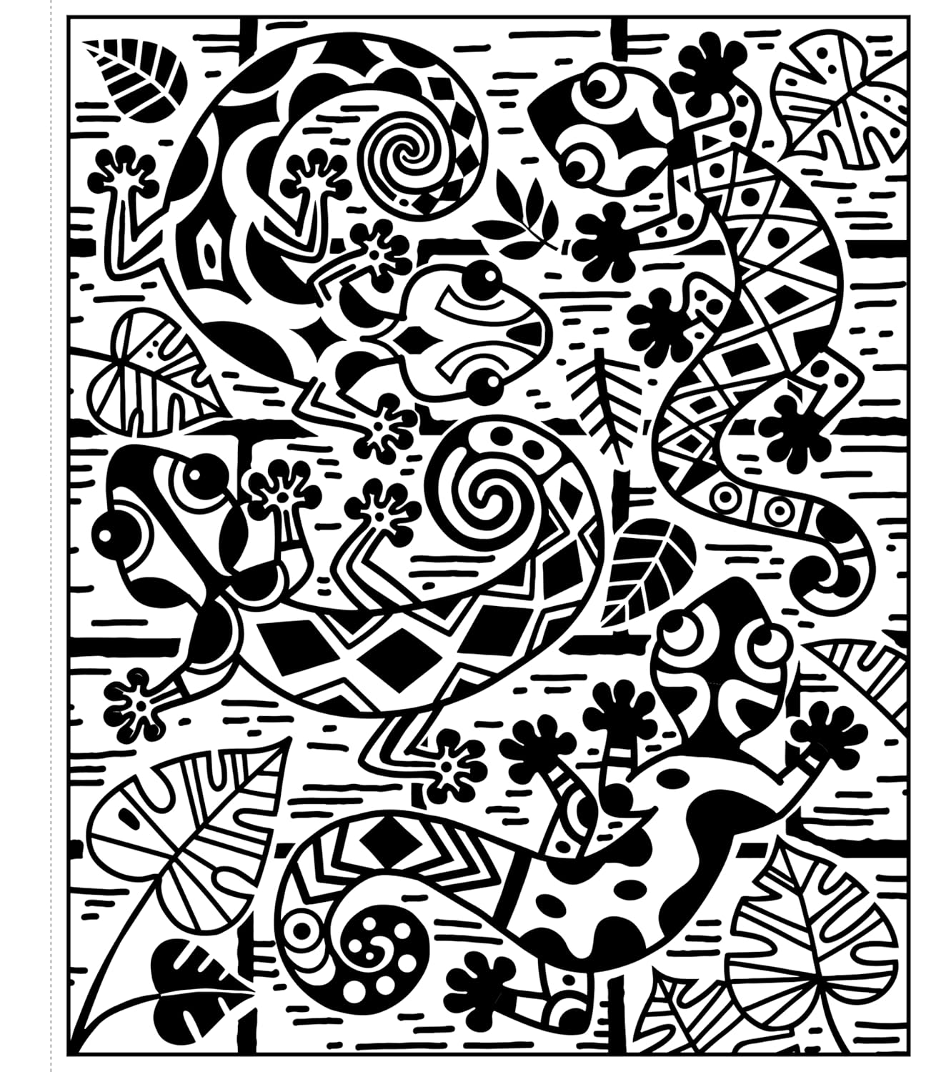 Black and white abstract line art print featuring stylized lizards, flowers, and leaves in a geometric, patterned design.