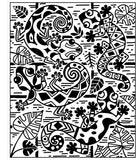 Black and white abstract line art print featuring stylized lizards, flowers, and leaves in a geometric, patterned design.