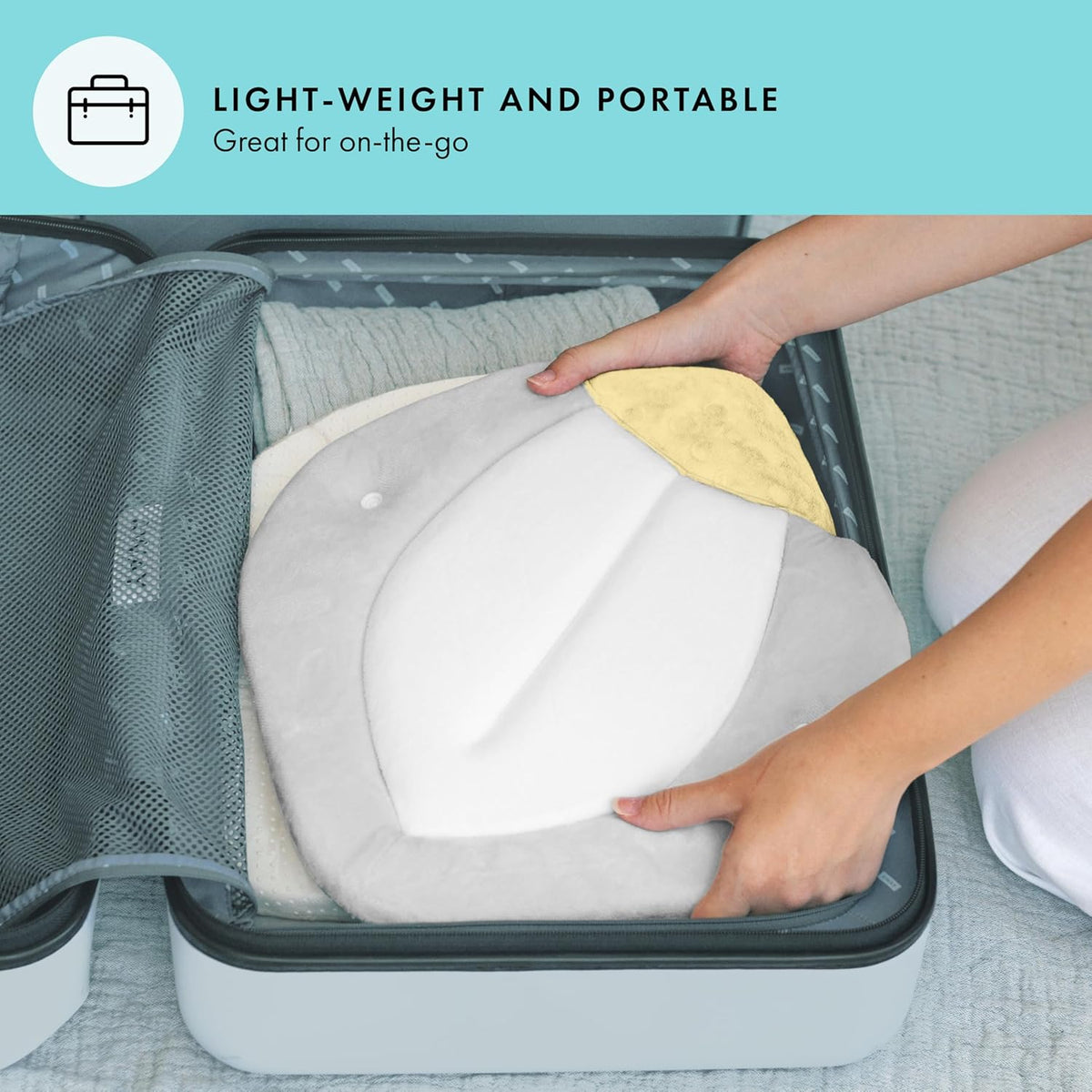 Person packing a travel pillow into a suitcase with text 'Lightweight and Portable' on a teal background.