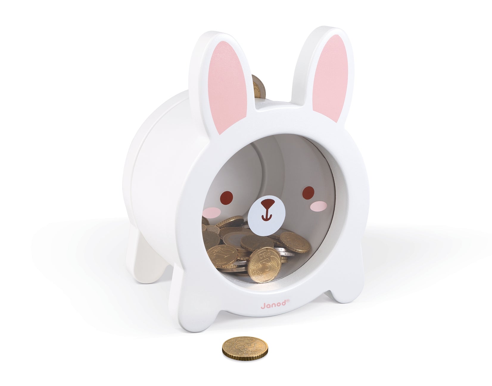 A white rabbit-shaped coin jar with pink inner ears and a cartoon face, shown on a clean white background with coins inside and one coin in front.