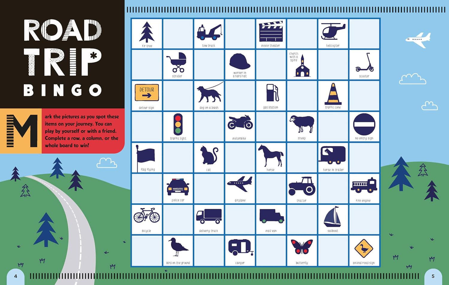 Road trip bingo game with icons and a scenic border