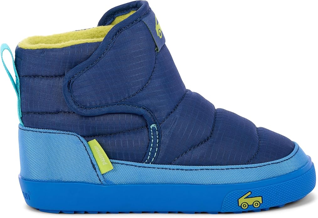 A high-top winter boot for toddlers, featuring a navy blue textured upper, a bright blue midsole and toe bumper, and a yellow-green accent tab and pull loop.