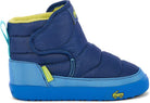 A high-top winter boot for toddlers, featuring a navy blue textured upper, a bright blue midsole and toe bumper, and a yellow-green accent tab and pull loop.