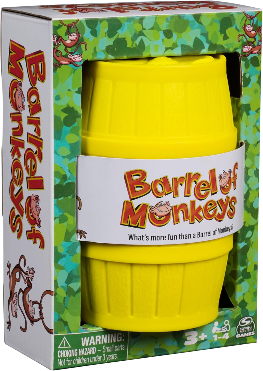 A product photo of the Barrel of Monkeys Game by Continuum Games featuring a bright yellow plastic storage barrel with the colorful classic game logo on a white and green jungle-themed cardboard packaging box.