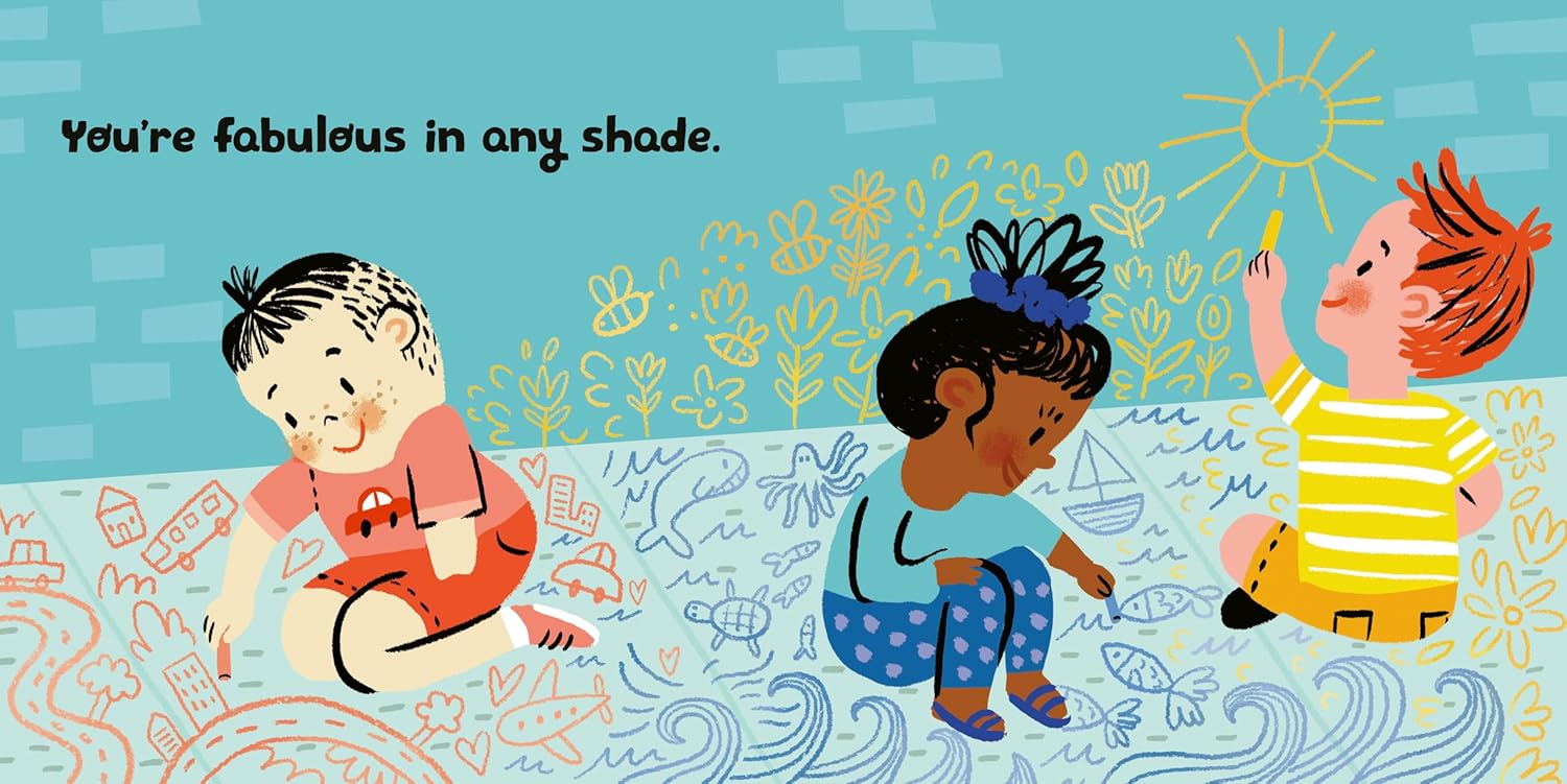 Illustration of three children playing on a beach with text 'You're fabulous in any shade.'