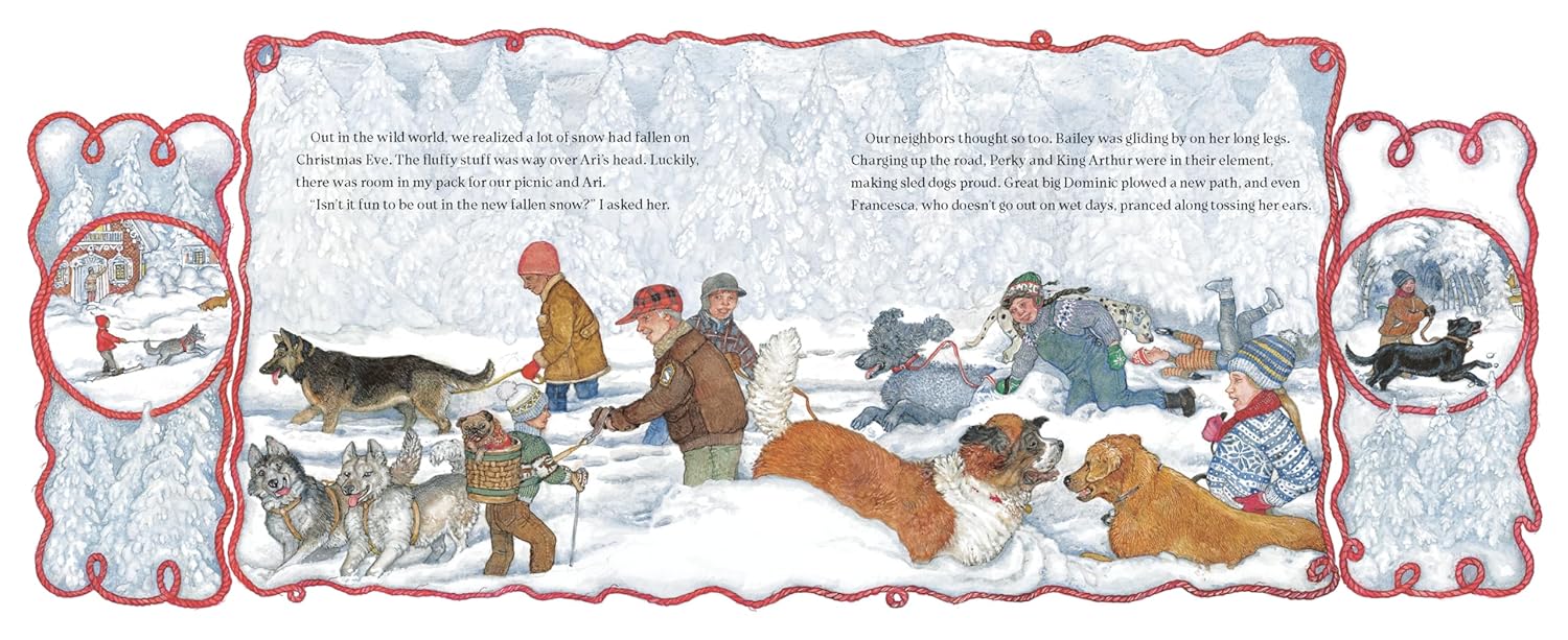 Illustration of people and dogs in a snowy landscape with text