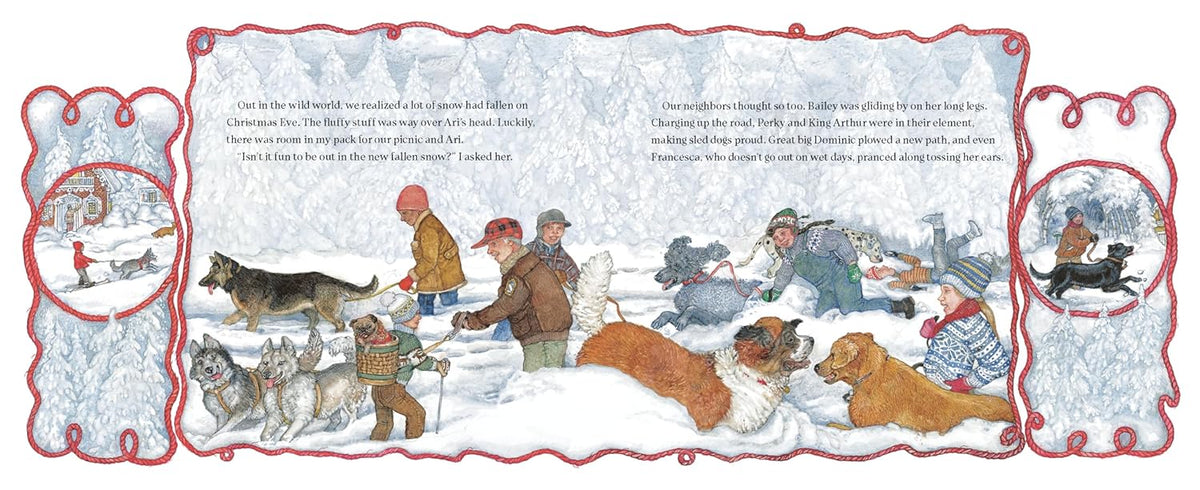 Illustration of people and dogs in a snowy landscape with text