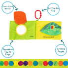 Children's toy book with interactive features labeled on a white background