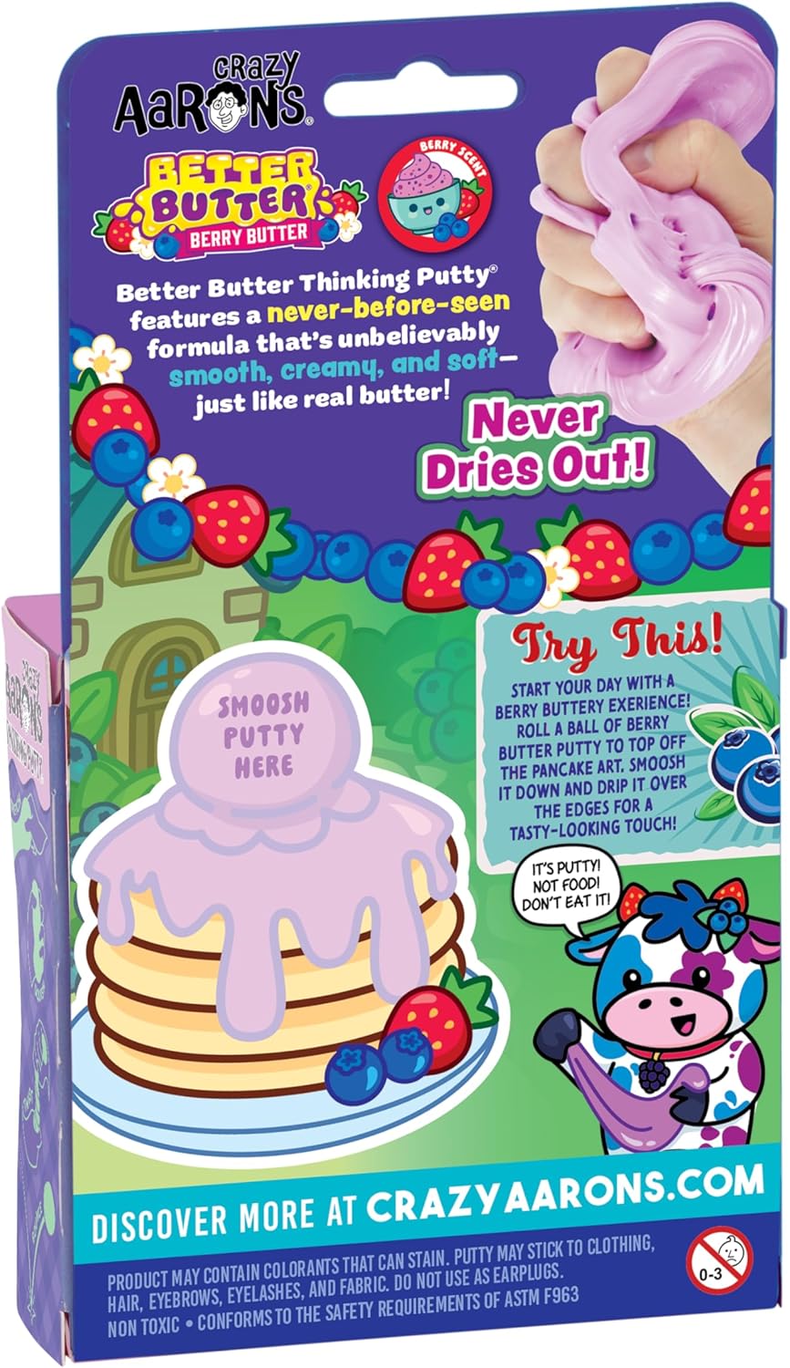 Crazy Aaron's Better Butter Berry Butter putty packaging with a hand holding putty.
