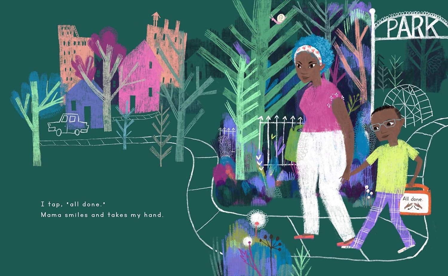 Illustration of a woman and child walking in a park with colorful buildings in the background.